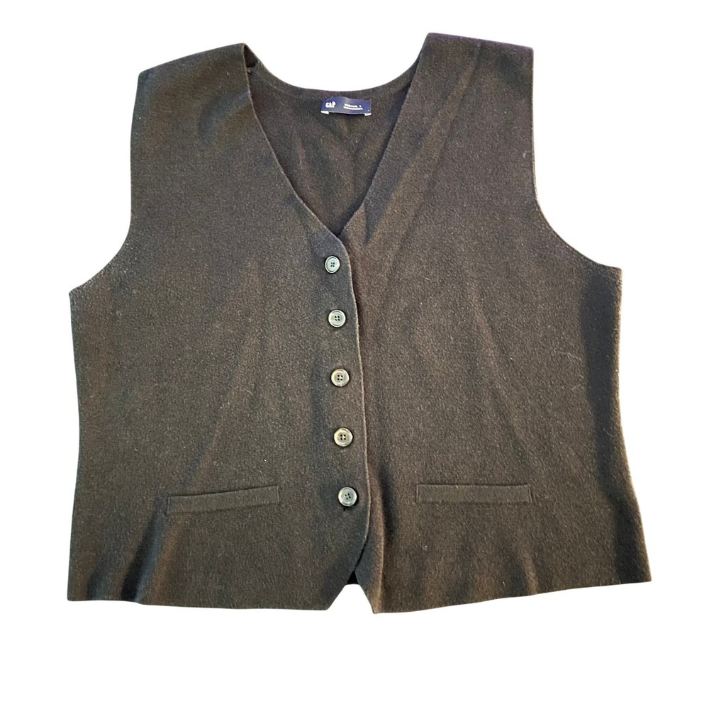 Gap Medium T Black V-Neck Button Front Knit Sweater Vest Layering Top (1169)